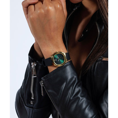 Eve Gold-tone 32mm Green Dial Ladies Watch with Black Silicone Strap