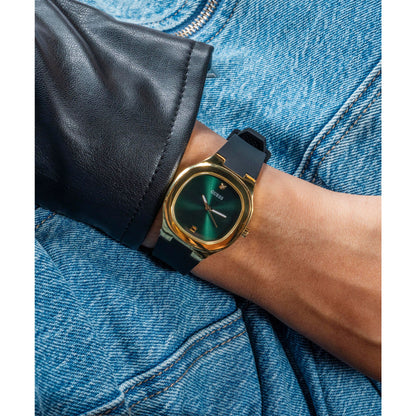 Eve Gold-tone 32mm Green Dial Ladies Watch with Black Silicone Strap