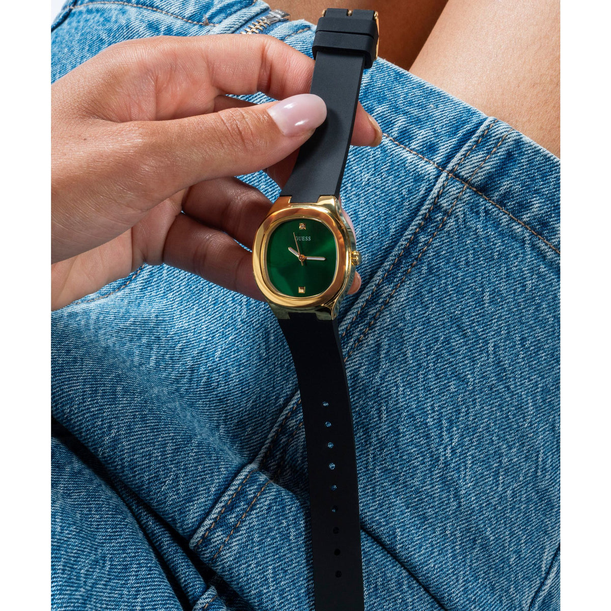 Eve Gold-tone 32mm Green Dial Ladies Watch with Black Silicone Strap