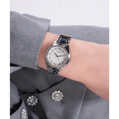 Silver-Tone 30mm White Dial with Crystal Bezel Women's Watch