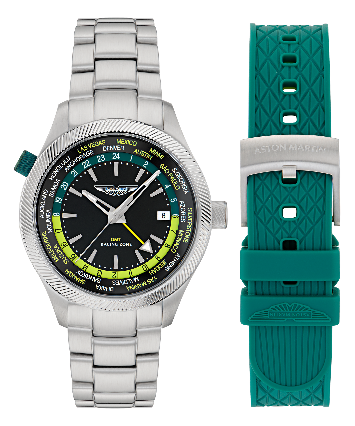 GRZ Black Stainless Steel Bracelet Watch and Podium Green Silicone Strap Box Set
