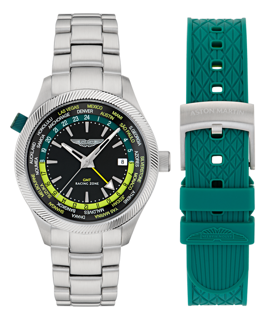 GRZ Black Stainless Steel Bracelet Watch and Podium Green Silicone Strap Box Set