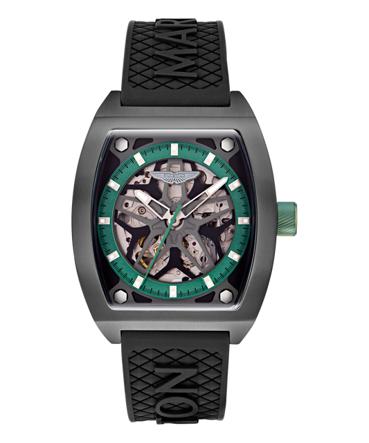 TRG IP Gunmetal Titanium Case Podium Green Dial Black Silicone Strap Watch