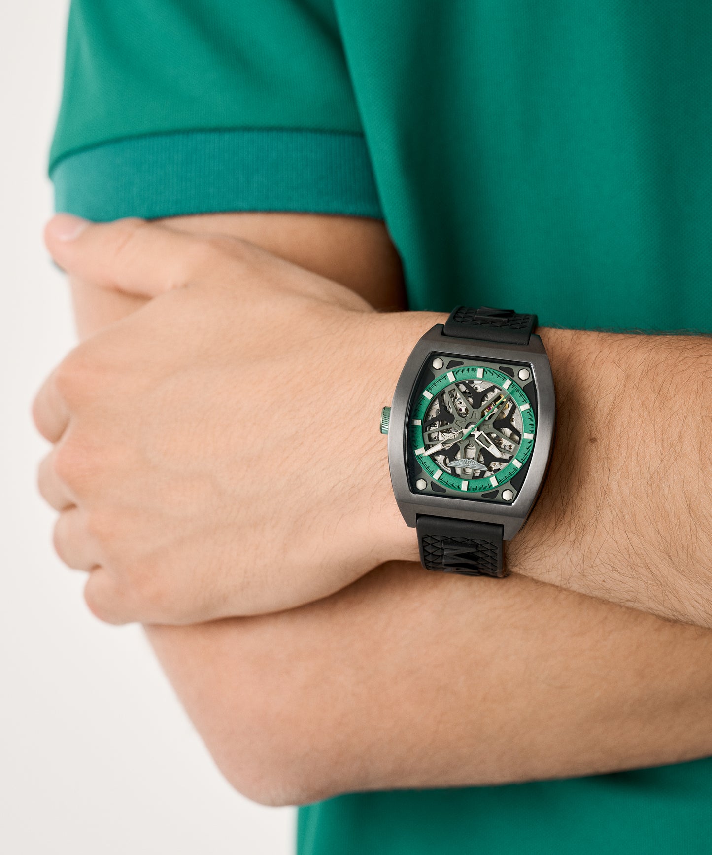 TRG IP Gunmetal Titanium Case Podium Green Dial Black Silicone Strap Watch