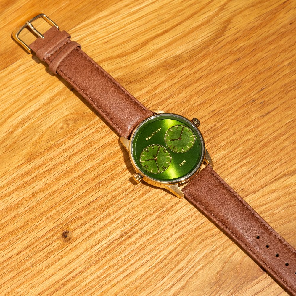 Maxum x Taylor Steele - Green Dial, Gold Tone Case & Brown Leather Band