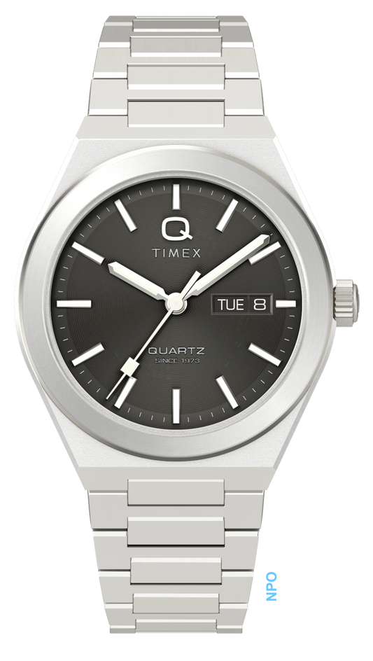 Q Timex® Continental Day and Date 39mm Stainless Steel Bracelet Watch