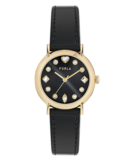 Easy Shape Yellow Gold-Tone Black Leather Strap Watch
