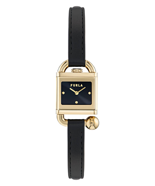 Mianuvola Square Yellow Gold-Tone Black Leather Strap Watch