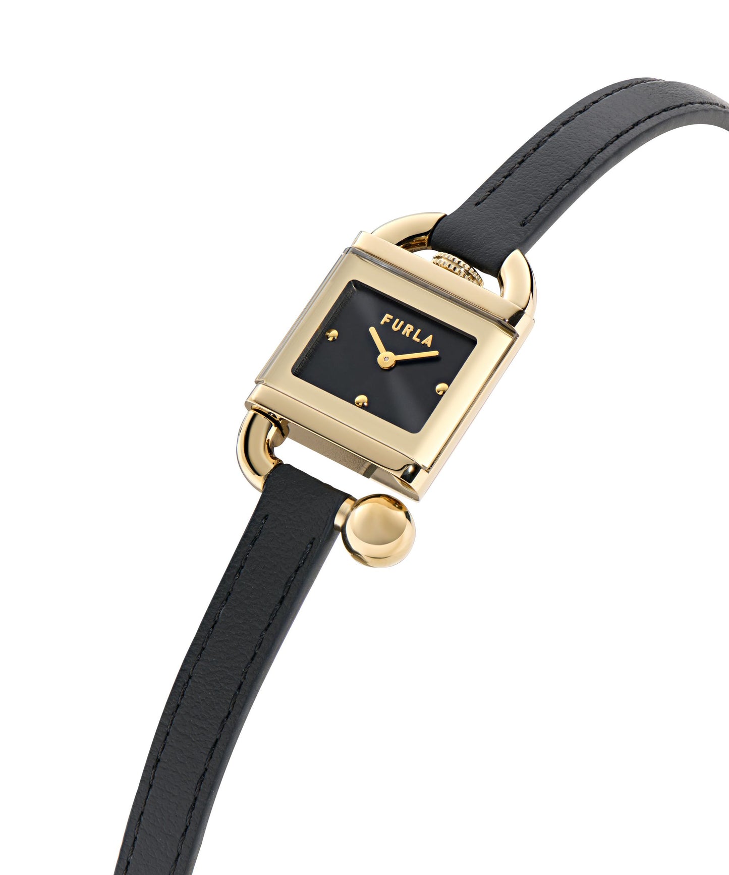 Mianuvola Square Yellow Gold-Tone Black Leather Strap Watch