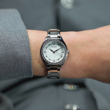 Silver-Tone 30mm White Dial with Crystal Bezel Women's Watch